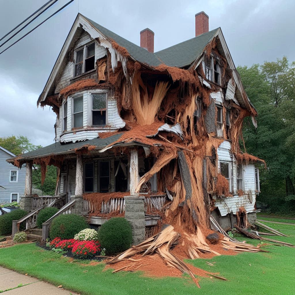 Blog Article - Tree with visible damage, including broken branches and signs of disease near an Burlington home